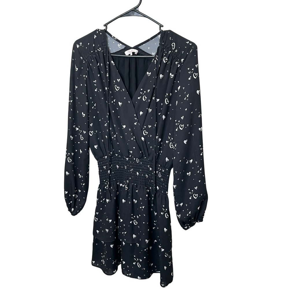 Parker Womens Black White Heart Print‎ Smocked Waist Tiered Mini Dress Small
